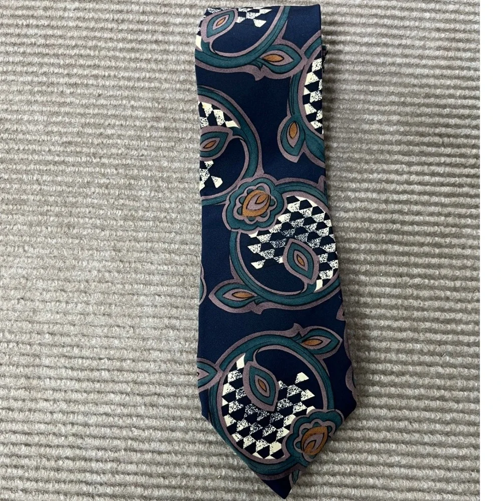 Andre Gianni Mens Silk Tie Navy Blue Teal Abstract Floral‎ Geometric Extra Long